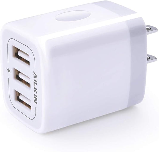 USB Charger Cube Wall Charger Plug AILKIN 3.1A 3 Muti Port USB Adapter Plug | USB Charging Station Box Base for iPhone 17 16 15 14 13 12 Pro Max Mini SE 11 Pro Max Samsung Phones Charging Block