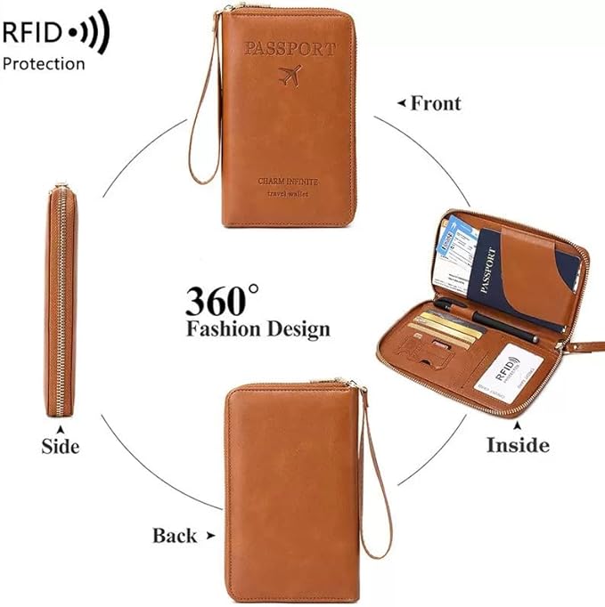 Multi-Functional RFID Passport Wallet,Travel Wallet for Men & Women,With zipper, anti-theft passport holder，Slim Leather Cover for Credit Cards, Tickets, Cash (Blue)