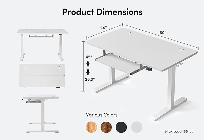 BANTI 63" x 24" Height Adjustable Electric Standing Desk with Keyboard Tray, Sit Stand up Desk with Splice Board, White Frame/White Top