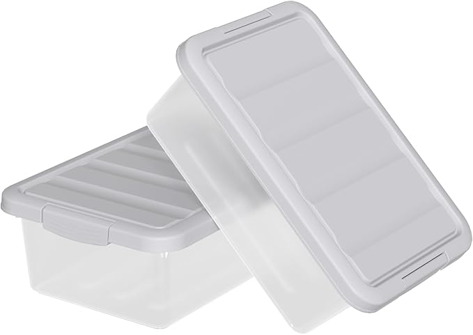 14 Quart Plastic Clear Storage Bin, Stackable Latching Box with Grey Lid, 2 Packs