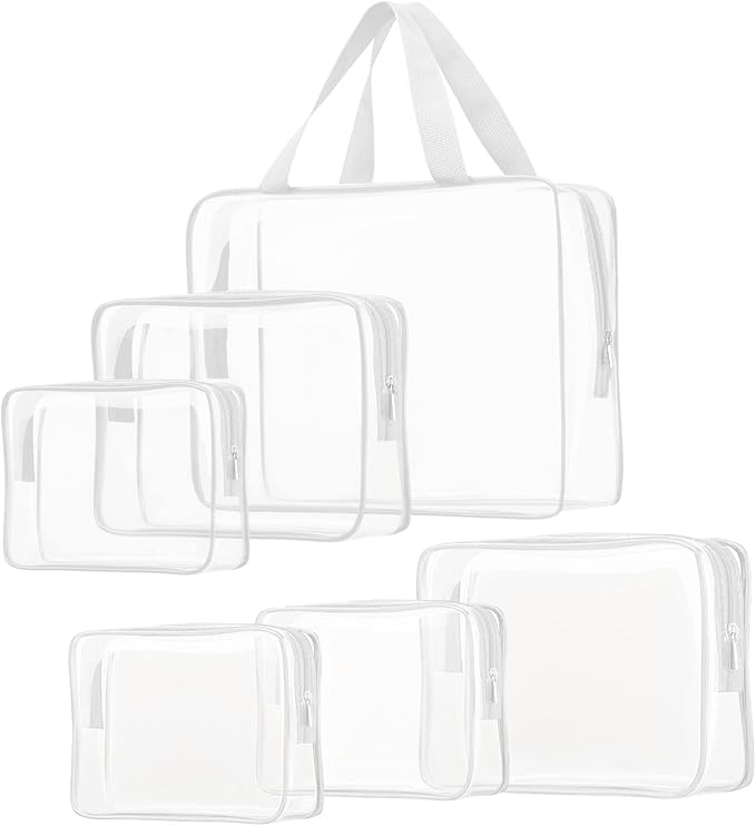 6pcs Clear Cosmetic Bags, TSA Approved Toiletry Bag Set Crystal Clear Travel Beach Essentials Bag Organization PVC, Clear Makeup Bags Luggage Pouch Carry on Airport Airline Compliant Bag Women Men