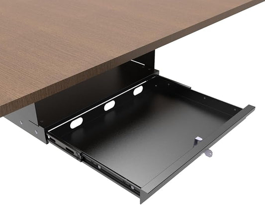 17-inch-wide Lockable Under-Desk Pull-Out Drawer | 1.9“ High Office Storage Organizer with Cable Management for Standing Desks with a Crossbar less than 3.2" High, 12 Inch Deep