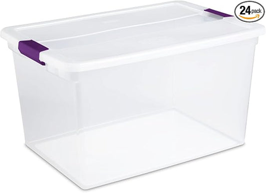 Sterilite 66 Qt ClearView Latch Storage Box, Stackable Bin with Latching Lid, Organize Clothes, Blankets, Items in Closet, Clear Base and Lid, 24-Pack