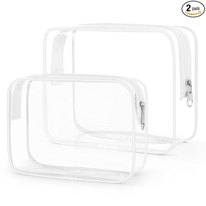Wedama TSA Approved Toiletry Bag, Cosmetic Bags 2 Pack with Zipper Carry on Airline Airport Travel Accessories, PVC Makeup Bags for Travel, Clear Toiletry Bags for Women and Men-White