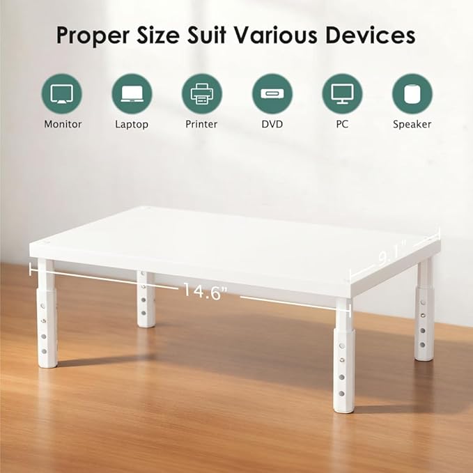 OPNICE Monitor Stand Riser for Desk, Adjustable Computer & Laptop Stand, Desk Organizer for Monitor, Laptop, PC, Printer, Office Desk Accessories for Home & Office, White Wood