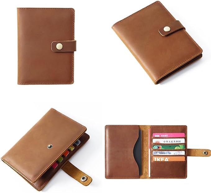 Genuine Full Grain Leather Passport Holder, Slim Bifold with Snap Button Closure, 5 Card Slots, Men's Travel Wallet (BLACK)