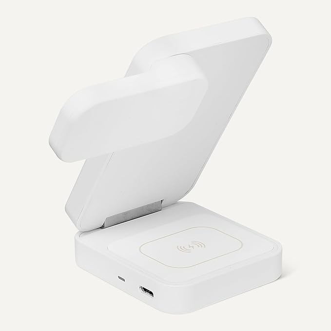 Amazon Basics MagSafe Compatible 25W Fast Charging Qi2.2 Certified 3-in-1 Wireless Charging Station, Foldable Stand for iPhone 17/16/15/14/13/12, Apple Watch, AirPods, with 45W Adapter, White