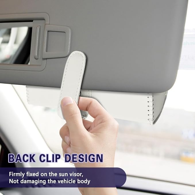 Sunglasses Holder for Car Sun Visor, Sunglass Organizer for Car, Magnetic Leather Eyeglasses Protective Storage Case, Waterproof Glasses Organizer Visor Accessories for Vehicles (White)