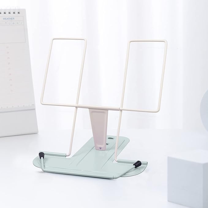 MSDADA Metal Book Stand for Desk, Adjustable Reading Rest Book Holder, Portable Cookbook Documents Holder, Sturdy Typing Stand for Recipes Textbooks Tablet Music Books(Milky White+Macaron Green)