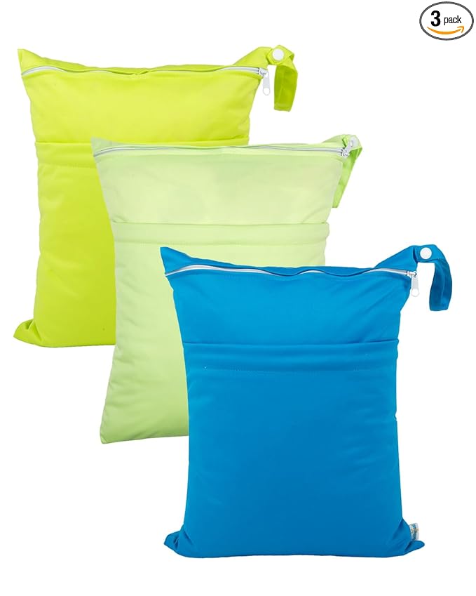 babygoal Wet Dry Bags 3 Pack for Baby Cloth Diapers, Washable Travel Bags, Beach, Pool, Gym Bag for Swimsuits & Wet Clothes with 2 Pockets 3LN10