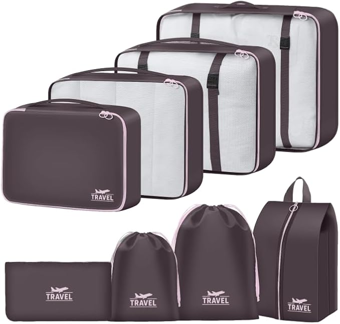 Packing Cubes for Travel - 8 Set Luggage Organizer Bags for Family, Mesh Breathable Packing Cubes for Suitcases Durable Travel Essentials Bags Set (Upgrade-Brown)
