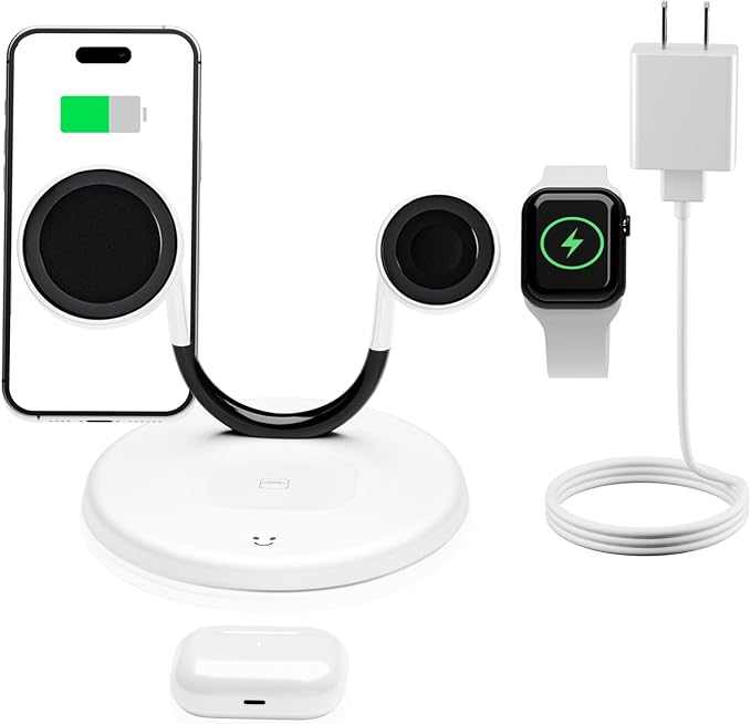 Magnetic 3-in-1 Wireless Charging Station - Qi 15W Fast Charger for Apple Mag Safe iPhone 16-11 Pro Max Watch Ultra & AirPods Pro, Premium Luxury Smile Face Office Desk Organizer Gift-Ready (White)