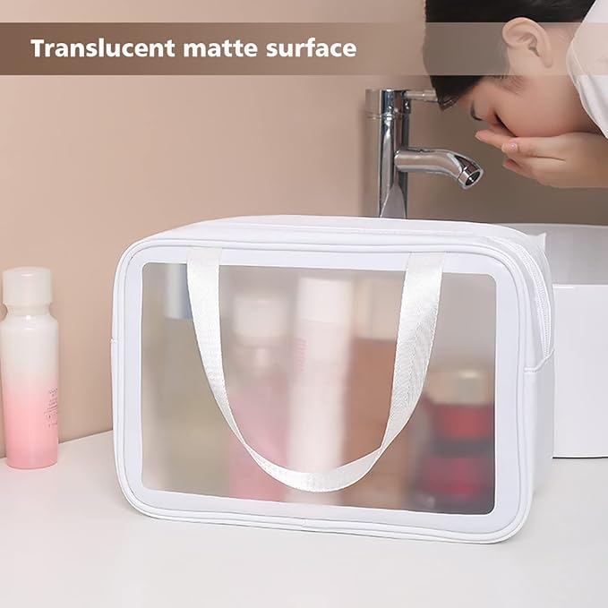 Travel Toiletry Bag for Women and Men, Matte Translucent Shower Bag with Handy Handle, Makeup Cosmetic Organizer Bag for Travel Toiletries Accessories (White)