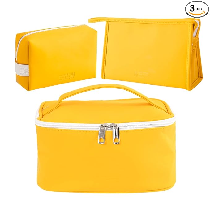 FITINI 3 Pieces Makeup Bag for Women Travel Toiletry Bag Portable Cosmetic Pouch Organizer with Girls Small Brush Holders Zipper Waterproof Storage Case,Yellow