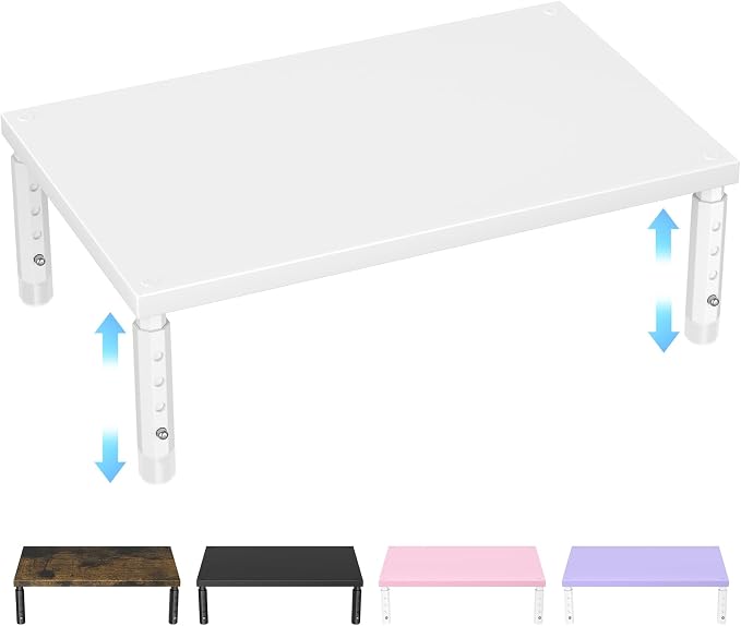 ECOLOVI Wood Computer Monitor Stand Riser for Desk, 4-Height Adjustable Desktop PC Printer Laptop Stand Shelf, Desk Organizer Workspace Accessories for Home Office Supplies, White