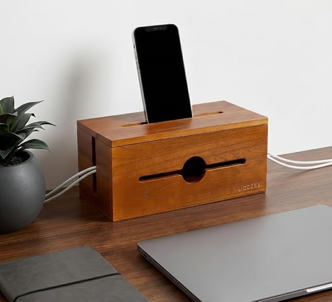 Wooden Cable Management Box for Power Strips, Desk Cord Organizer for Home Office & TV Stand, Hidden Cable Storage with Phone Stand