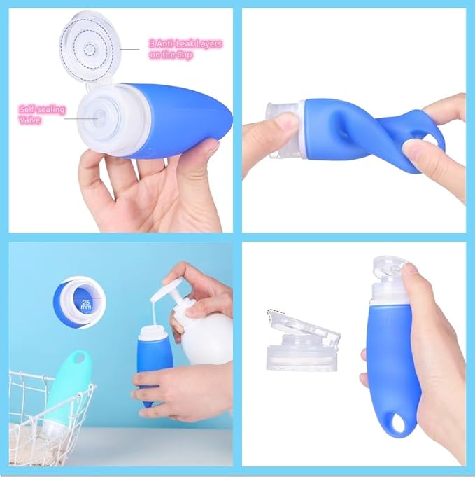 Refillable Bottles Leak Proof Camping Travel Containers with Shower Lanyard,3oz TSA Approved Squeezable Silicone Travel Tube Set for Gym Shampoo Lotion Soap