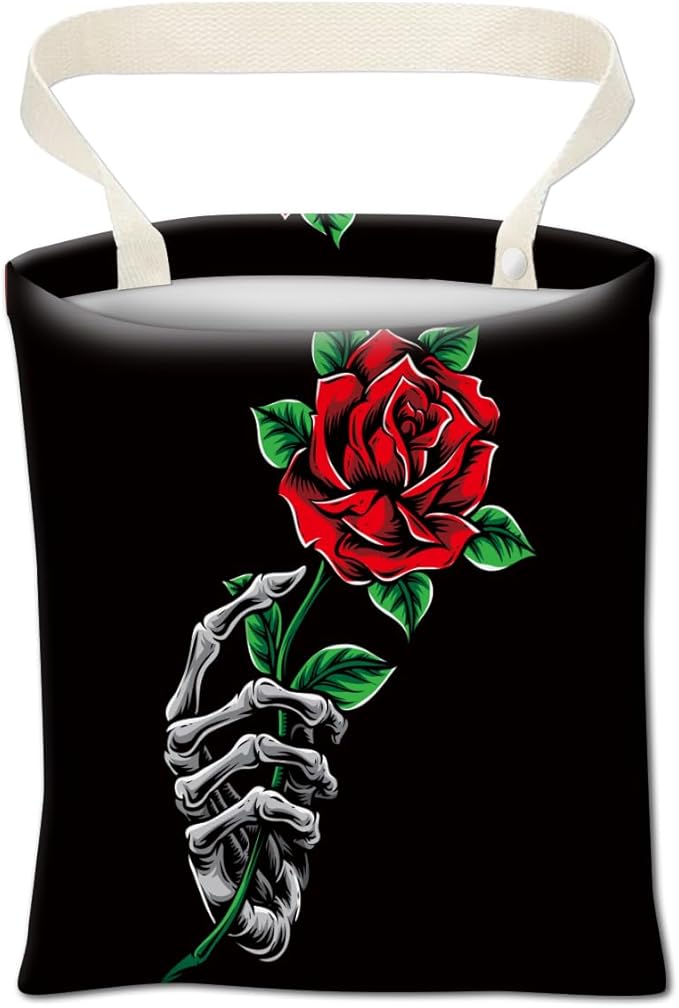 Car Trash Can, Cute Car Trash Bag, Hanging Car Organizer and Storage Bag, Trash Bin for Car Accessories, Vehicle, Travelling, Camping Cool Skull hand and Rose