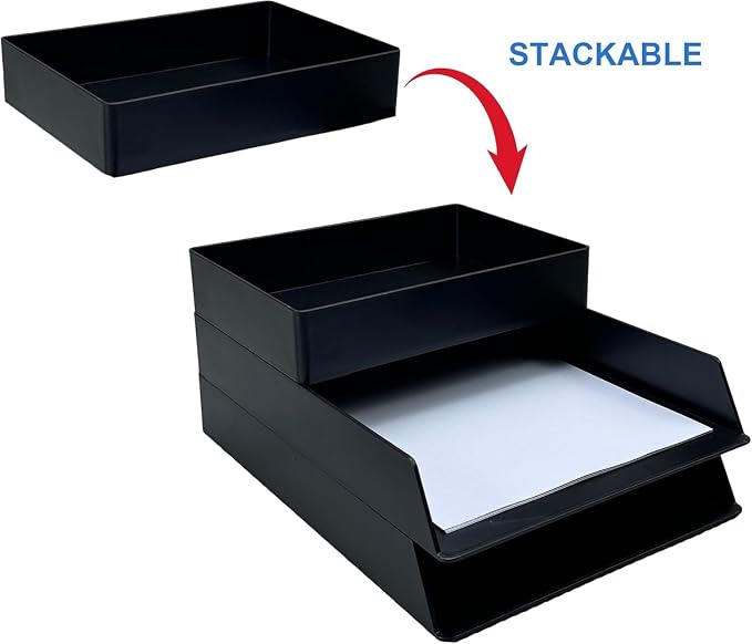Amazon Basics Rectangular Plastic Desk Organizer with Storage Trays, Accessory Tray for Office Supplies and Pen Holder, 9.4 x 6.7 x 2 inch, Black (Pack of 2)