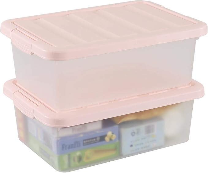 Wekioger Set of 2 Versatile Organizer Bins with Pink Lids, 14 Quart Plastic Latching Storage Box