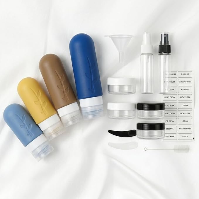 DEPOZA Travel Bottles Kit (16 Pack) - TSA Approved, Leak Proof Silicone Squeezable Containers for Toiletries. Complete Set with Jars, Sprayers & Bag (Dark blue)