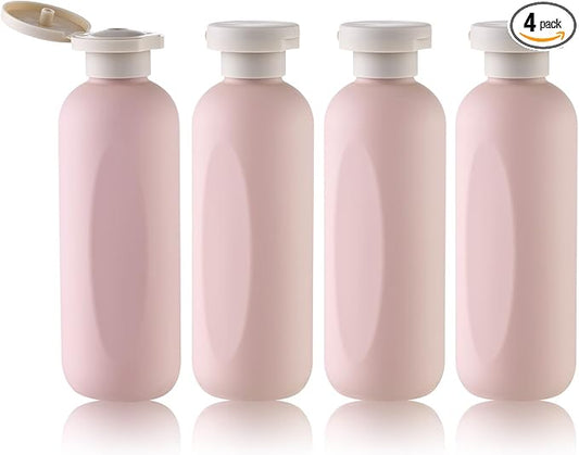 Empty Shampoo Bottles 6.7oz - Large Size Refillable Plastic Liquids Toiletry Containers - Empty Leak Proof Lotion Toiletries Dispenser - Pink Flip Cap Top Body Wash and Cosmetic Set 4 Pack