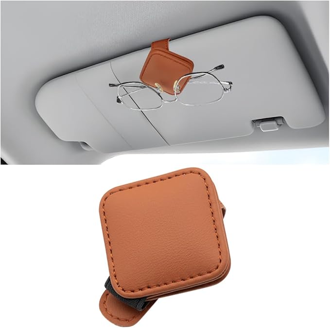 Sunglasses Holder for Car Visor, Magnetic Leather Vehicle Glasses Ticket Card Clip, Automotive Interior Eyeglass Hanger Organizer Accessories, Universal for SUV, Sedan, Truck (Orange)