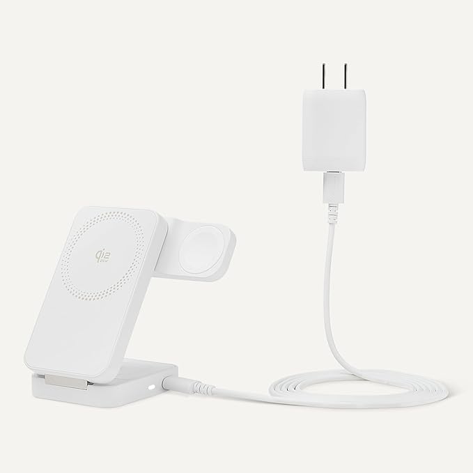 Amazon Basics MagSafe Compatible 25W Fast Charging Qi2.2 Certified 3-in-1 Wireless Charging Station, Foldable Stand for iPhone 17/16/15/14/13/12, Apple Watch, AirPods, with 45W Adapter, White