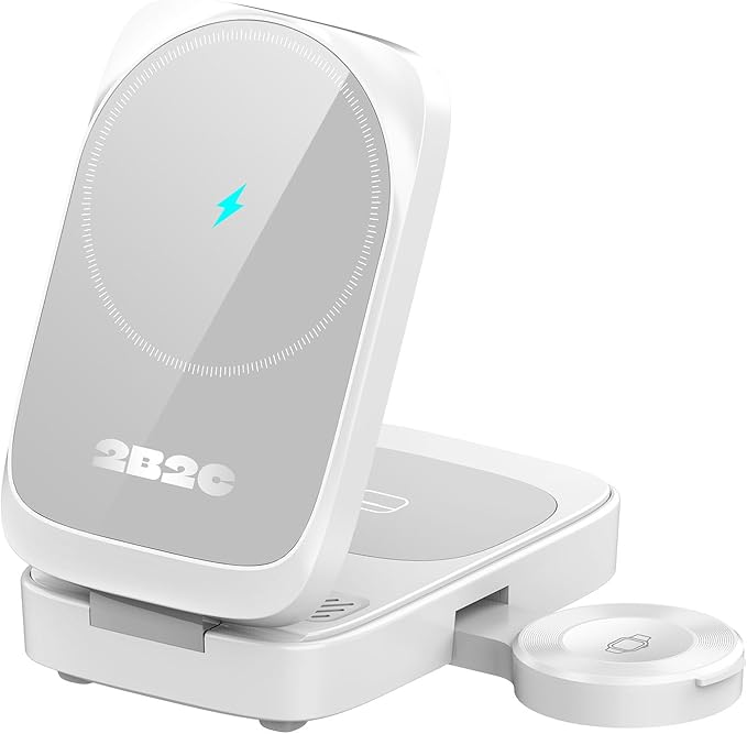 3 in 1 MagSafe Wireless Charging Station, 15W Magnetic Fast Charger for iPhone 17/16/15/14/13/12 Series, Apple Watch & AirPods, Foldable Portable Charging Stand for Desk, Bedside & Travel, White