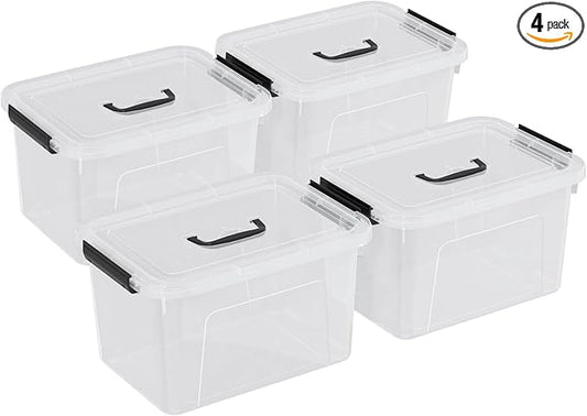Clear Plastic Storage Containers Bins Boxes with Lids and Handles, 10.5 L Clear Storage Latch Box, 4 Packs