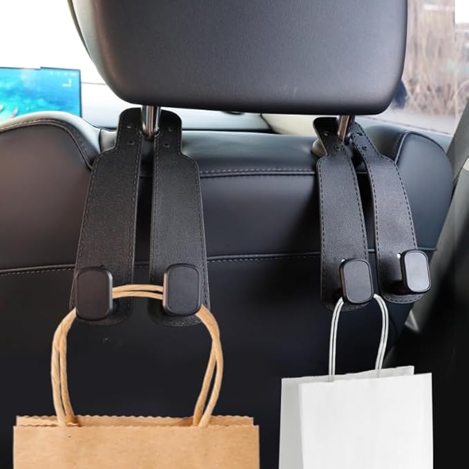 Chikoni Headrest Hooks for Car, 2 Pack Twin Hook Leather Car Seat Headrest Hangers, Luxurious Heavy-Duty 100% Metal Purse & Bag Holder, Seat Back Storage Organizer for Travel, Black