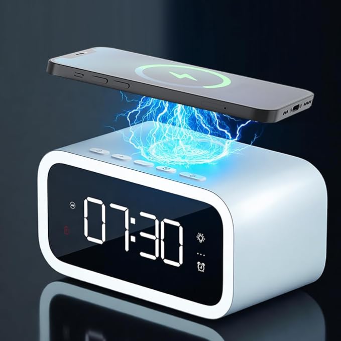 AYI 4in1 Smart Wireless Charging Alarm Clock with Mirror Display | 15W Fast Charger for Phone & Earbuds, 3 Group Alarms, Warm White/Yellow Night Light, Temperature Display Extra USB Port-White