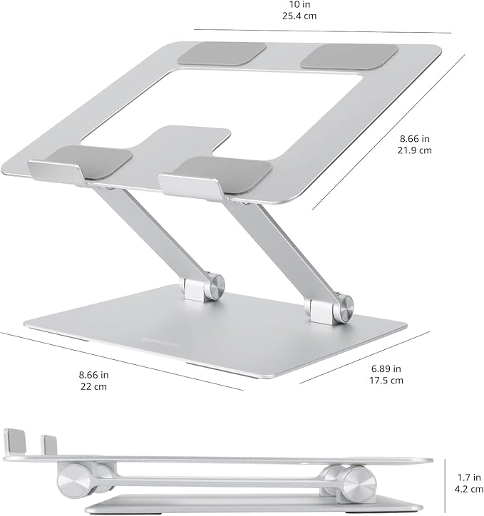 Amazon Basics Sturdy and Portable Ergonomic Laptop Stand for Desk, Height Adjustable Riser with Ventilated Cooling, Foldable, Fits all Laptops up to 17.3 Inch, Silver, 10 x 8.7 x 6 in