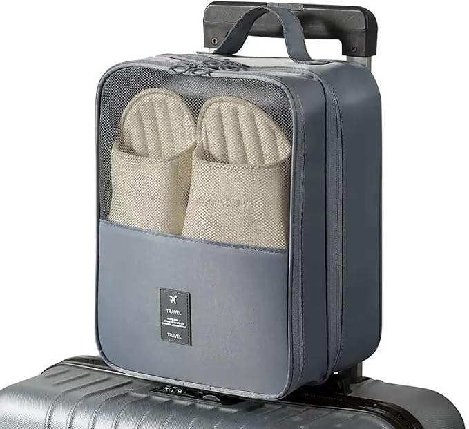 Waterproof Nylon Shoe Bag for Suitcase, Double Layer Portable Shoe Pouch for 3 Shoes, Travel Shoe Storage Bag with Zipper for Men and Women (Grey)