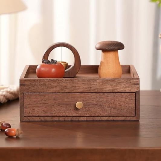 Solid Walnut Wood Desk Drawer Organizer – 1/2 Tier Desktop Storage Box with Drawers for Stationery, Makeup, Jewelry, Remote Control (Single)