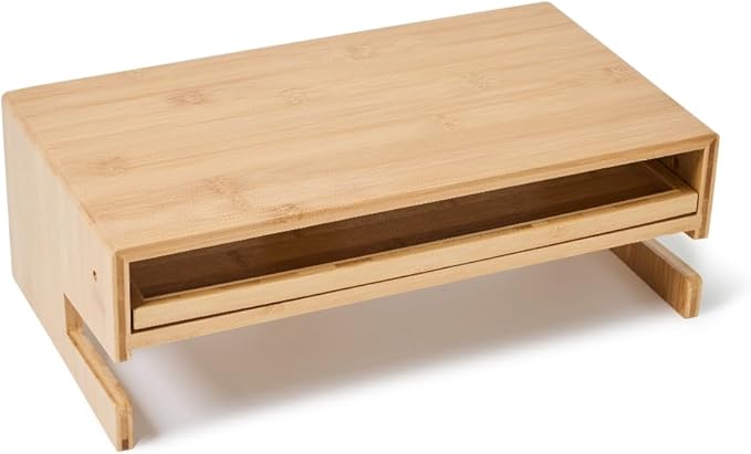 Monitor Stand Desk Top Organizer with Storage Drawer & Phone Holder,Bamboo Monitor Stand with Keyboard Tray, Wide Monitor Riser Non Slip Desk Riser