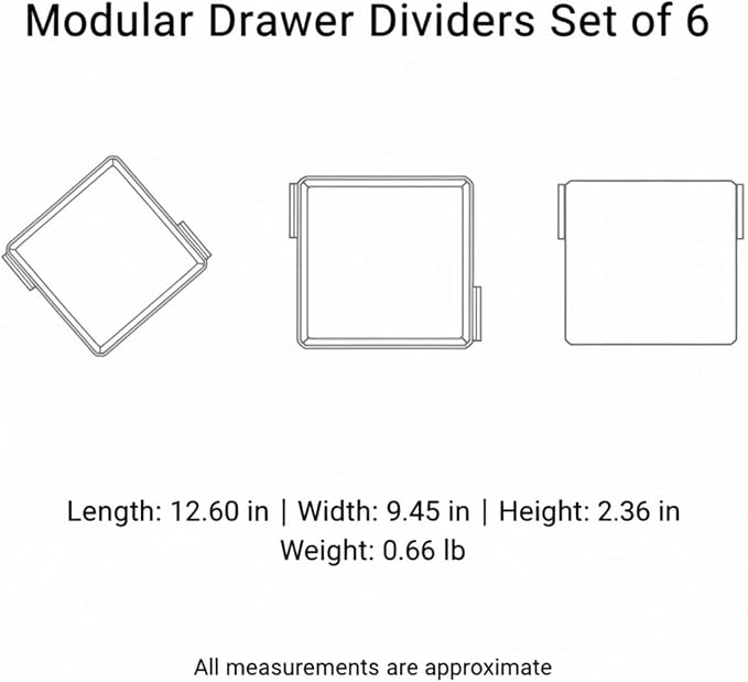 Modular Drawer Dividers Set of 6, Adjustable PP Plastic Organizers for Desk, Kitchen, and Dresser Drawers, 12.6 x 9.4 x 2.4 Inches (Set of 6)