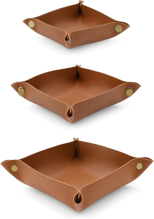 3 Pack Leather Valet Tray, 3 Sizes Catchall Tray Desk Organizer for Key Jewelry Trinket Watch Perfume Coin, for Entryway Table Nightstand Dresser Vanity Travel, Brown