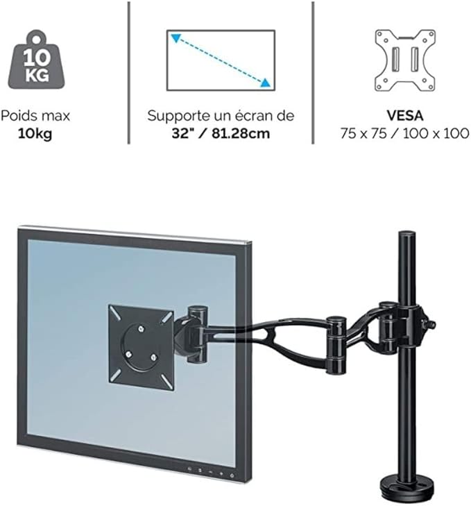 Fellowes 8041601 Professional Series Adjustable Depth Computer Monitor Stand for Desk with Single Monitor Arm, 30 Inch Monitor Capacity