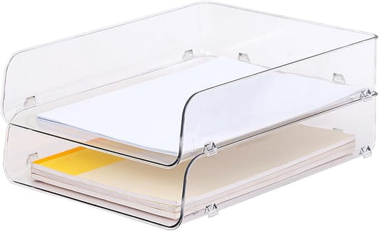 Gagee 2 Pack Paper Organizer for Desk,Clear Stackable Paper Sray Holder ﻿, Office Desk Organizer for Notes, Pens, File, Document