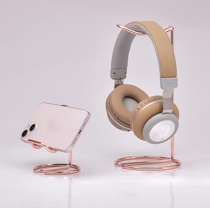 JIARI Headphones Stand and Cell Phone Stand Desktop Metal Holder Accessories 2pcs Set (Rose Gold)