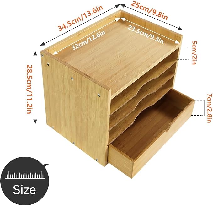 KKTONER 5-Tier Bamboo Desk Organizer with Drawer Tabletop File Organizer Document Holder with Shelf Desktop Cabinet for Home Office School Supplies (Natural)