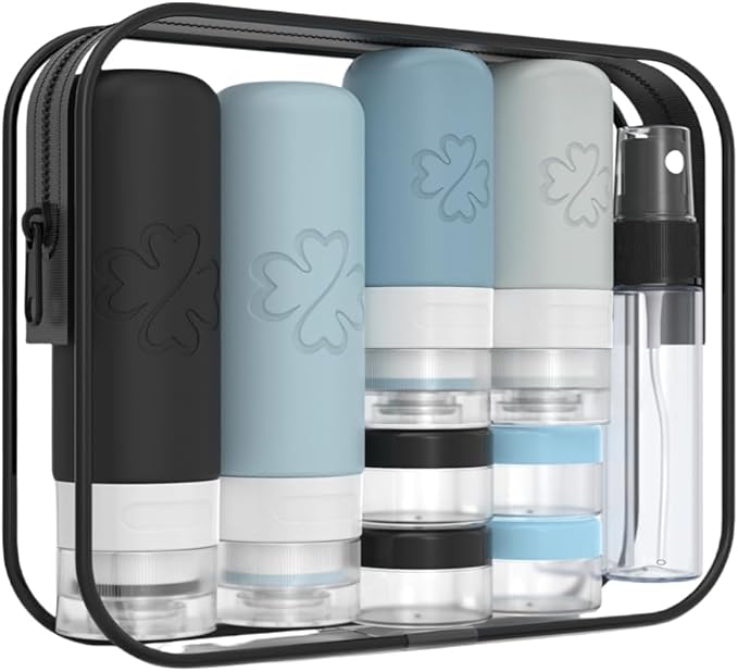 18 Pack TSA Approved Travel Bottles for Toiletries – Leak Proof Silicone Refillable Containers Set with Toiletry Bag, Squeeze Bottles, Spray Bottles & Cream Jars for Shampoo, Conditioner & Lotion