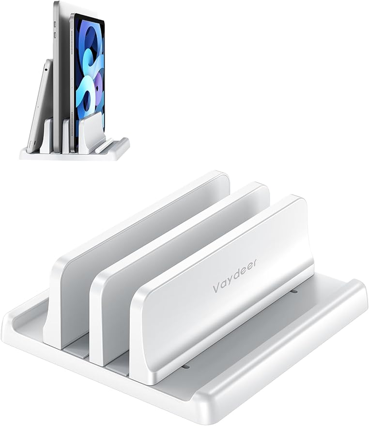 Vaydeer Vertical Laptop Stand for Desk, Dual Slots Plastic Laptop Holder Organizer with Space Saving 4-in-1 Design, Adjustable Laptop Stand Storage Supports MacBook, Chromebook, Surface, Dell (White)