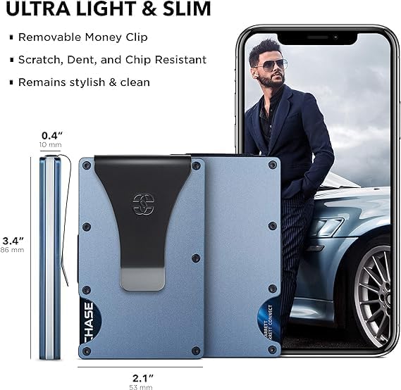 EDGE Metal Wallet for Men - Minimalist Slim Wallet - RFID Blocking Card Holder Money Clip, Smart Wallet - Aluminum Credit Card Holde Clip Greyish-Blue