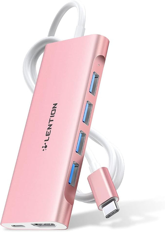 LENTION 3.3FT Long Cable USB C Hub with 4K HDMI, 100W PD Charging, 4 USB 3.0 Port & LED Indicator for MacBook Pro/Air, Dell XPS, HP, Chromebook, More, Stable Driver Adapter (C35-1M, Rose Gold)