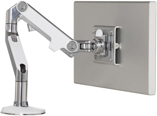 Humanscale M8 Adjustable Articulating Computer Monitor Arm - Two Piece Clamp On Mount with Base - Polished Aluminum with White Trim