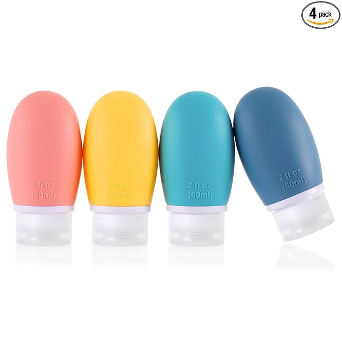 Leak Proof Silicone Travel Bottles,4 Pack 2oz Liquid Squeezable Refillable Portable Travel Accessories/Cosmetic Containers,BPA Free,Travel Size Bottles for Toiletries Shampoo Conditioner Lotion
