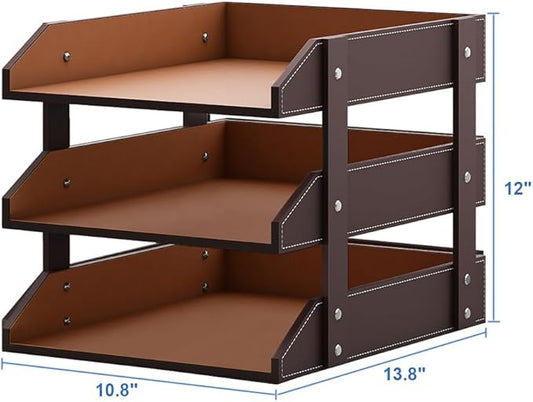 Leather Desk Organizer, Thipoten 3-Tier Stackable Letter Tray Holder for Office Supplies, Paper, File, Magazine, Perfect Office Organization for Desktop (Brown-3Tiers)