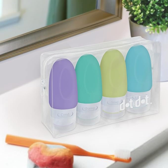 Dot&Dot Leak Proof Toiletry Bottles - 4 Pack Silicone Travel Bottles - Shampoo & Conditioner Container with TSA Quart Bag - 1 oz